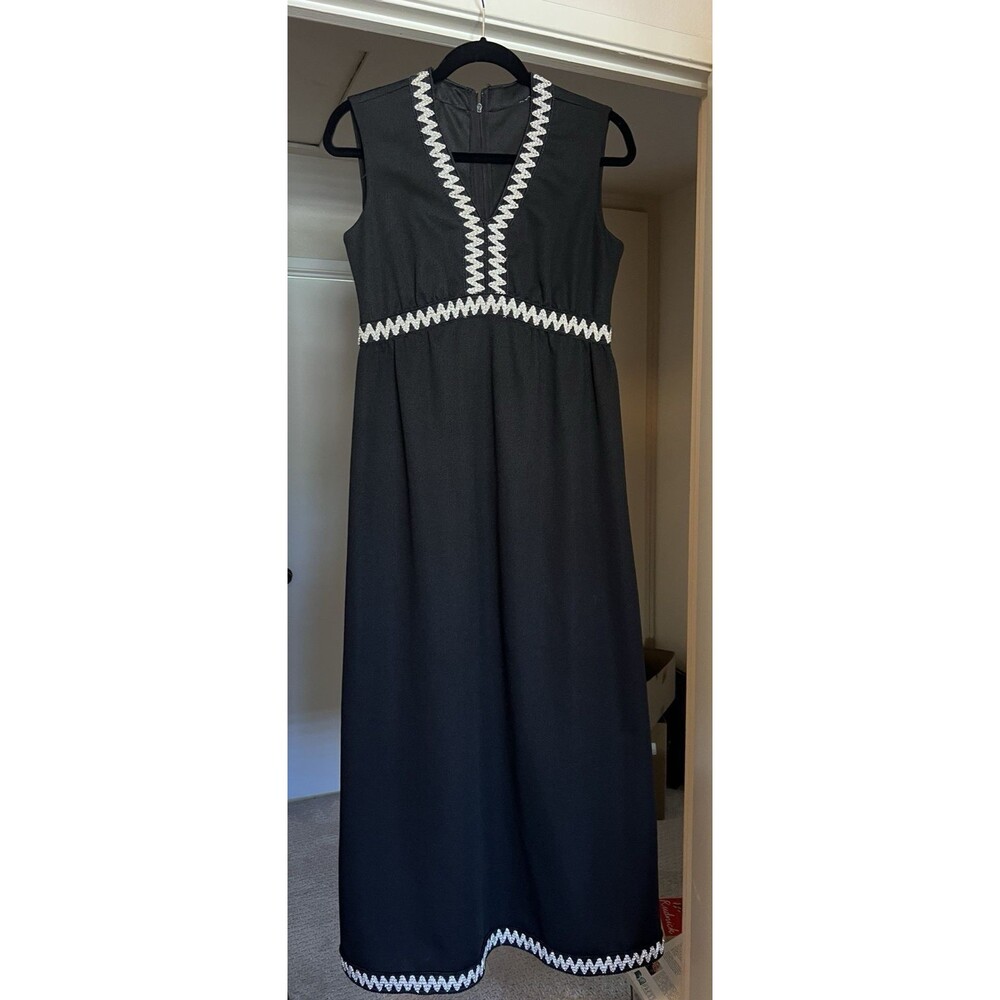 Vintage 1970s Boho A-Line Black Maxi Dress Silver Applique Trim Size M
